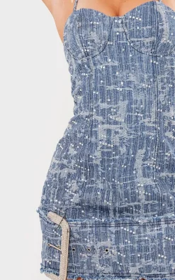 Mid Blue Wash Diamante Buckle Textured Denim Mini Dress