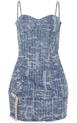 Mid Blue Wash Diamante Buckle Textured Denim Mini Dress