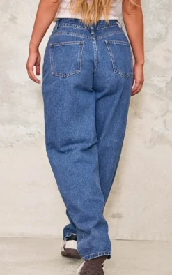 Mid Blue Wash Dipped Back Waistband Boyfriend Jeans