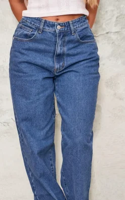 Mid Blue Wash Dipped Back Waistband Boyfriend Jeans