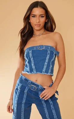 Mid Blue Wash Distressed Seam Detail Belted Denim Bandeau Top