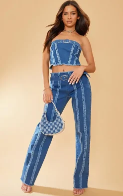 Mid Blue Wash Distressed Seam Detail Belted Denim Bandeau Top