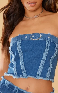 Mid Blue Wash Distressed Seam Detail Belted Denim Bandeau Top