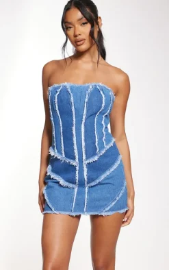 Mid Blue Wash Distressed Seam Detail Mini Dress