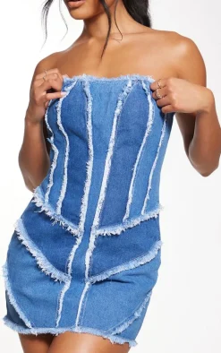 Mid Blue Wash Distressed Seam Detail Mini Dress