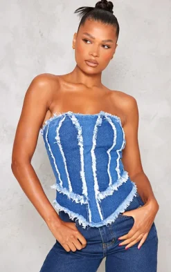 Mid Blue Wash Distressed Seam Detail Paneled Dipped Corset