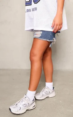 Mid Blue Wash Distressed Longline Boyfriend Shorts