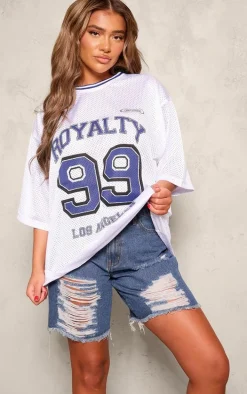 Mid Blue Wash Distressed Longline Boyfriend Shorts