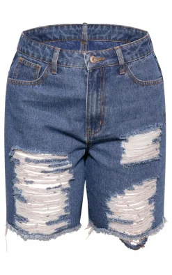 Mid Blue Wash Distressed Longline Boyfriend Shorts