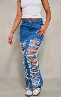 Mid Blue Wash Distressed Extreme Denim Midi Skirt