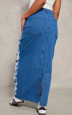 Mid Blue Wash Distressed Extreme Denim Midi Skirt