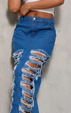 Mid Blue Wash Distressed Extreme Denim Midi Skirt