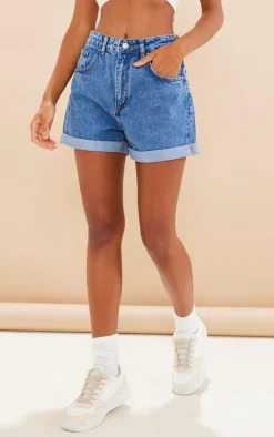Mid Blue Wash Foldover Hem Denim Mom Shorts