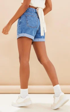 Mid Blue Wash Foldover Hem Denim Mom Shorts