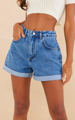 Mid Blue Wash Foldover Hem Denim Mom Shorts