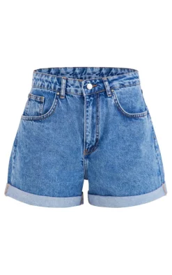 Mid Blue Wash Foldover Hem Denim Mom Shorts