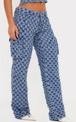 Mid Blue Wash Frayed Checkered Cargo Pocket Straight Leg Jeans