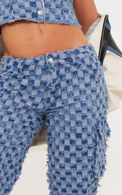 Mid Blue Wash Frayed Checkered Cargo Pocket Straight Leg Jeans