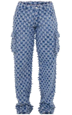 Mid Blue Wash Frayed Checkered Cargo Pocket Straight Leg Jeans
