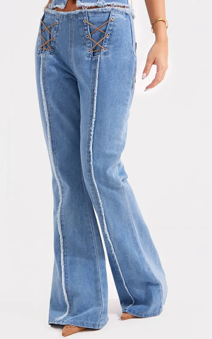 Mid Blue Wash Frayed Detail Lace Up Flared Denim Jeans