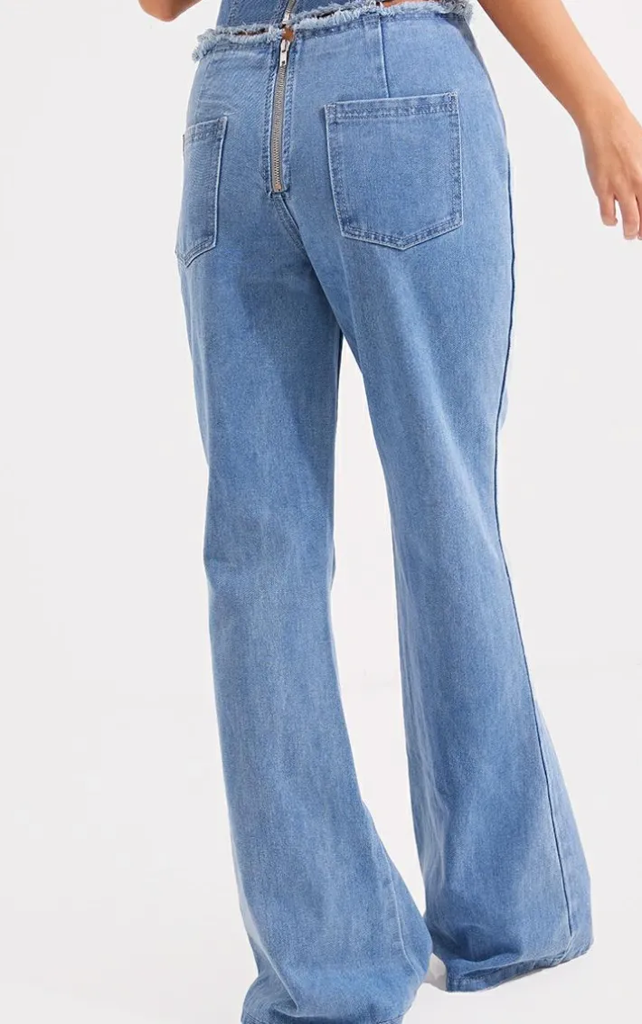 Mid Blue Wash Frayed Detail Lace Up Flared Denim Jeans