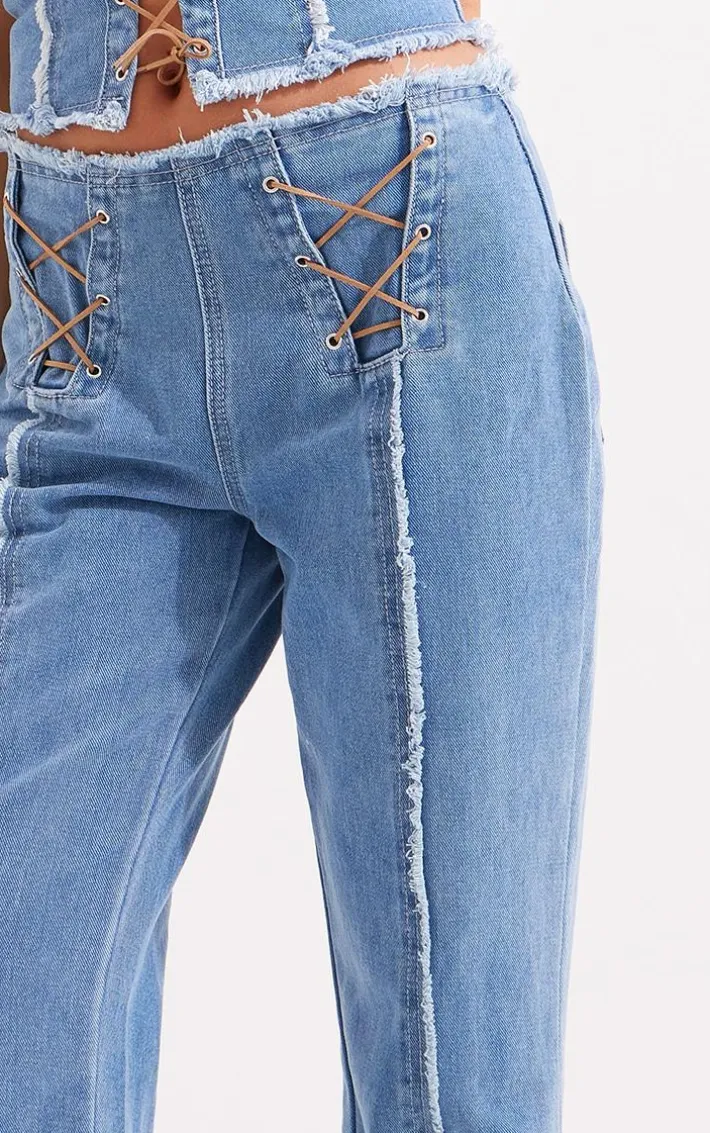 Mid Blue Wash Frayed Detail Lace Up Flared Denim Jeans