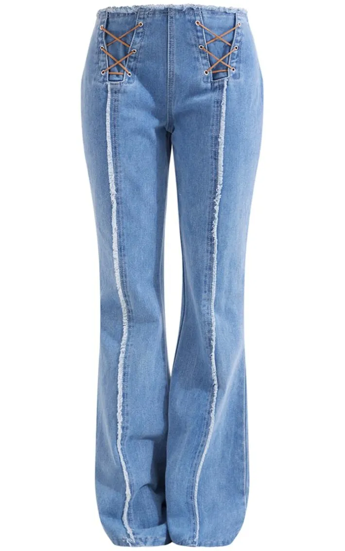 Mid Blue Wash Frayed Detail Lace Up Flared Denim Jeans
