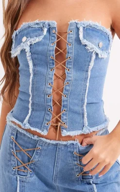 Mid Blue Wash Frayed Detail Lace Up Denim Corset