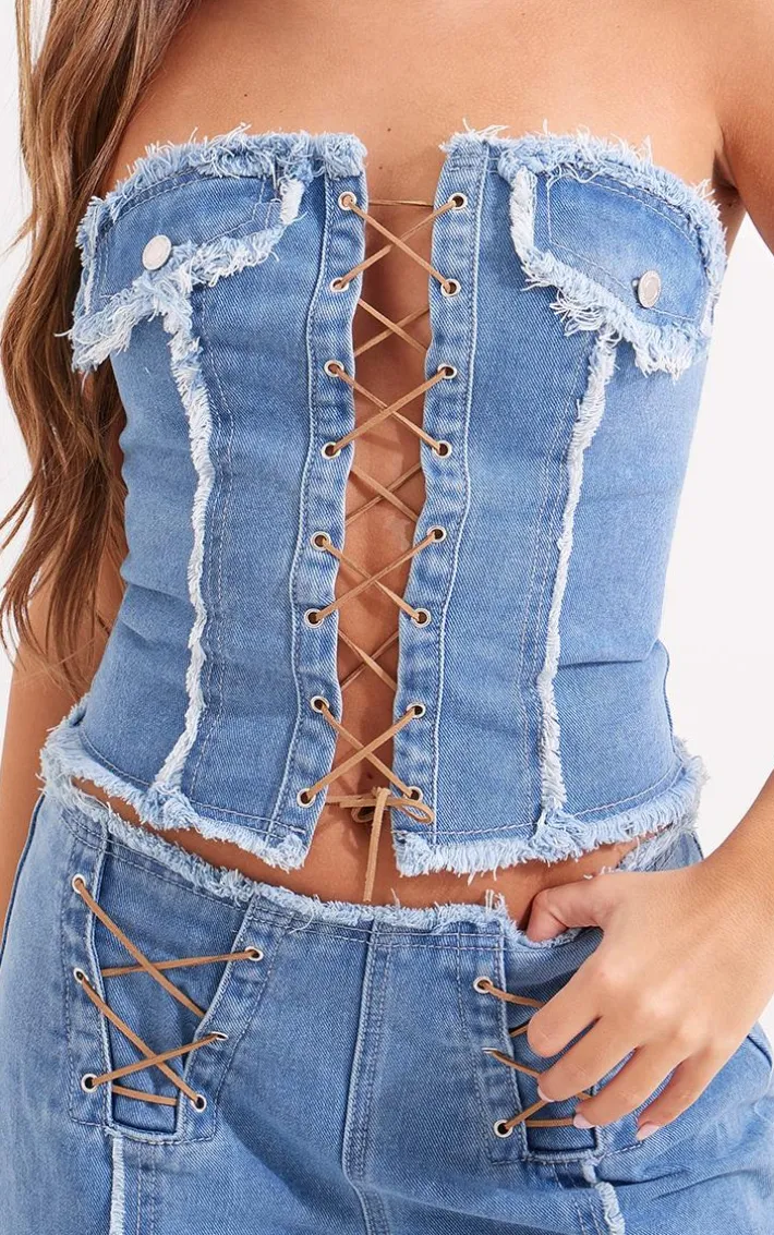 Mid Blue Wash Frayed Detail Lace Up Denim Corset