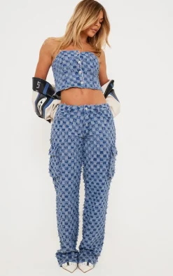 Mid Blue Wash Frayed Hem Checkered Button Up Denim Bandeau Top