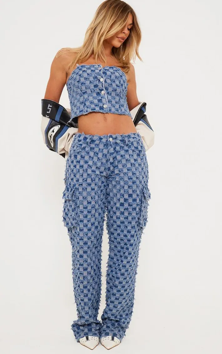 Mid Blue Wash Frayed Hem Checkered Button Up Denim Bandeau Top