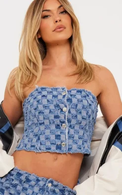 Mid Blue Wash Frayed Hem Checkered Button Up Denim Bandeau Top