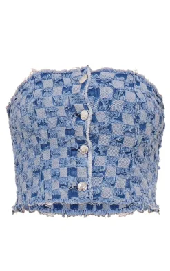 Mid Blue Wash Frayed Hem Checkered Button Up Denim Bandeau Top