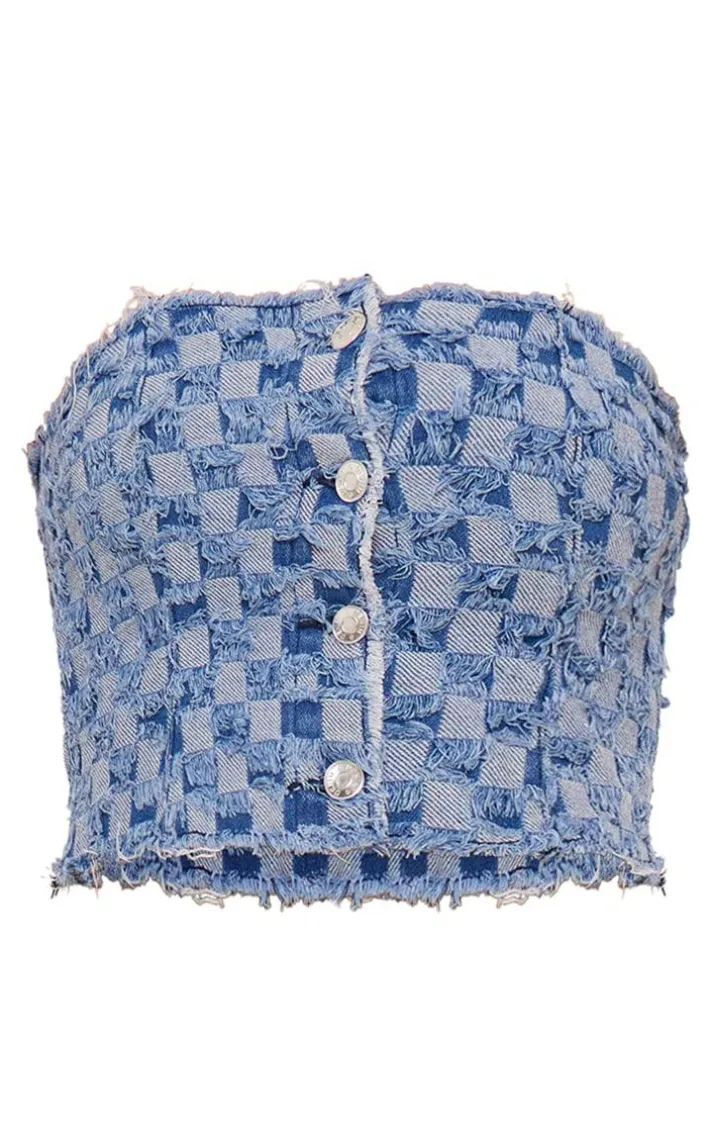 Mid Blue Wash Frayed Hem Checkered Button Up Denim Bandeau Top