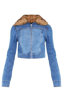 Mid Blue Wash Fur Trim Denim Biker Jacket