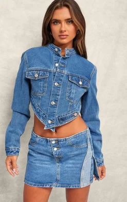 Mid Blue Wash Hanky Hem Cropped Denim Jacket