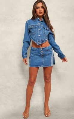 Mid Blue Wash Hanky Hem Cropped Denim Jacket