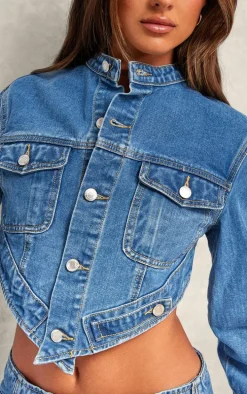 Mid Blue Wash Hanky Hem Cropped Denim Jacket