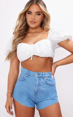 Mid Blue Wash High Side Denim Mom Shorts