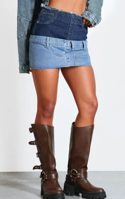 Mid Blue Wash Jean Waistband Contrast Panel Denim Mini Skirt