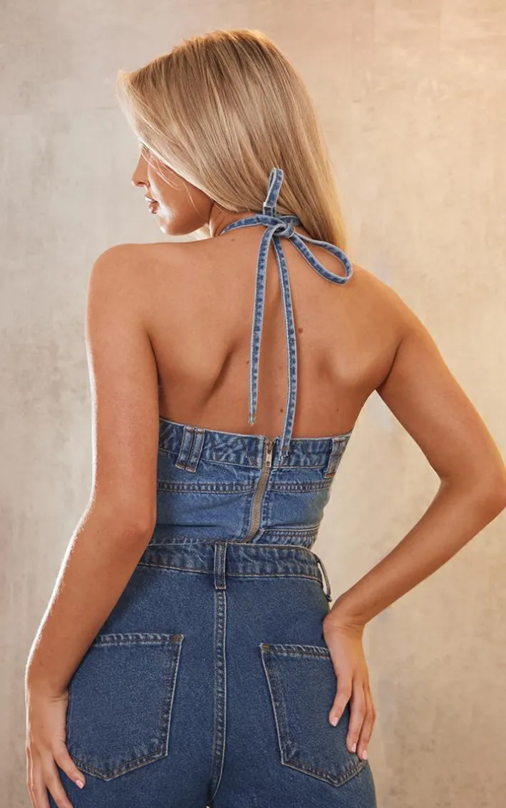 Mid Blue Wash Jeans Detail Denim Halterneck Top