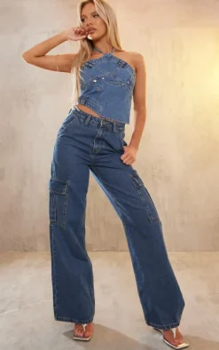 Mid Blue Wash Jeans Detail Denim Halterneck Top