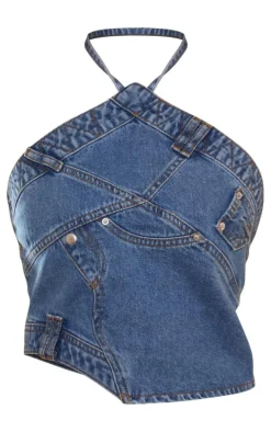 Mid Blue Wash Jeans Detail Denim Halterneck Top