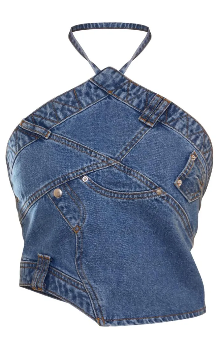 Mid Blue Wash Jeans Detail Denim Halterneck Top