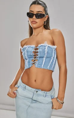 Mid Blue Wash Lace Front Distressed Edge Denim Bandeau Top
