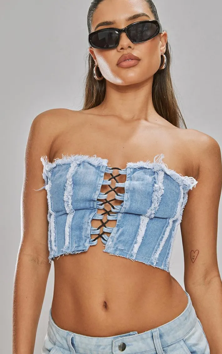 Mid Blue Wash Lace Front Distressed Edge Denim Bandeau Top