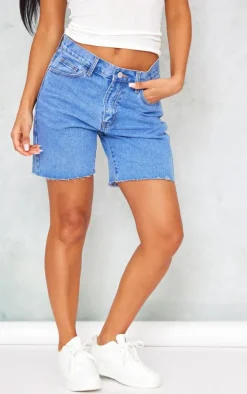 Mid Blue Wash Longline Fitted Denim Shorts