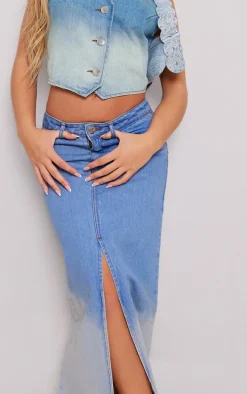 Mid Blue Wash Ombre Denim Maxi Skirt