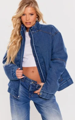 Mid Blue Wash Oversized Padded Denim Bomber Jacket