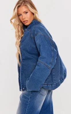 Mid Blue Wash Oversized Padded Denim Bomber Jacket